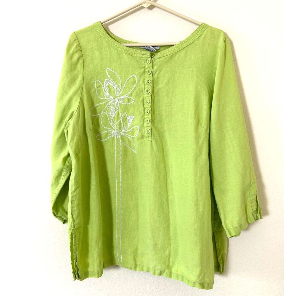 ALEXANDRA BARTLETT Women's Plus 1X Green 100% Linen embroidered‎ floral boho